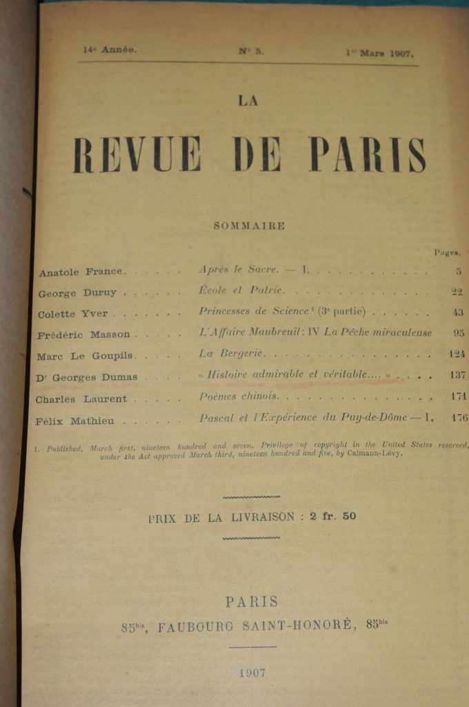 Dr G. DUMAS, Histoire admirable et véritable..., Paris, Revue de Paris, mars et avril 1907